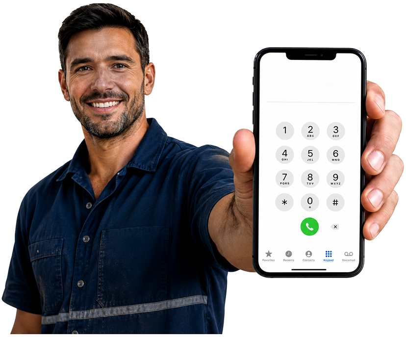 North Sydney Blocked Drains plumber holding a phone — call 1300 261 965