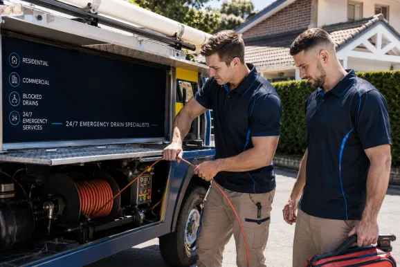 Two plumbers working on a blocked drain in North Sydney
