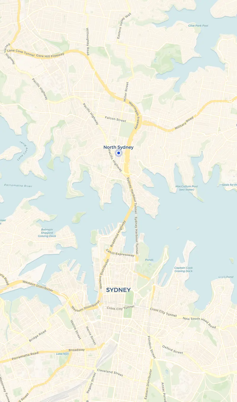 Map of the North Sydney service area and the surrounding suburbs we cover.