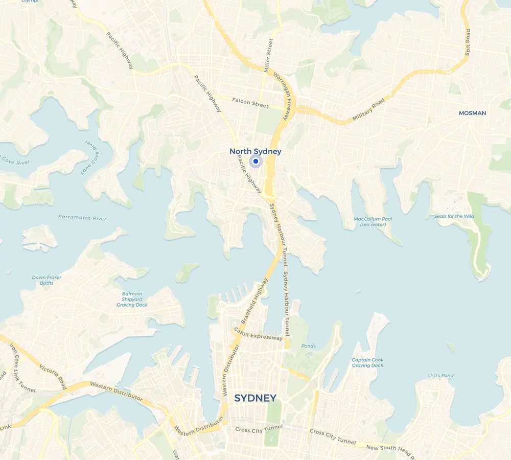 Map of the North Sydney service area and the surrounding Lower North Shore, showing North Sydney and the nearby streets we cover.