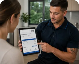 Plumber showing a North Sydney customer the quote on a tablet