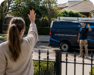 Customer waving goodbye to a North Sydney Blocked Drains plumber